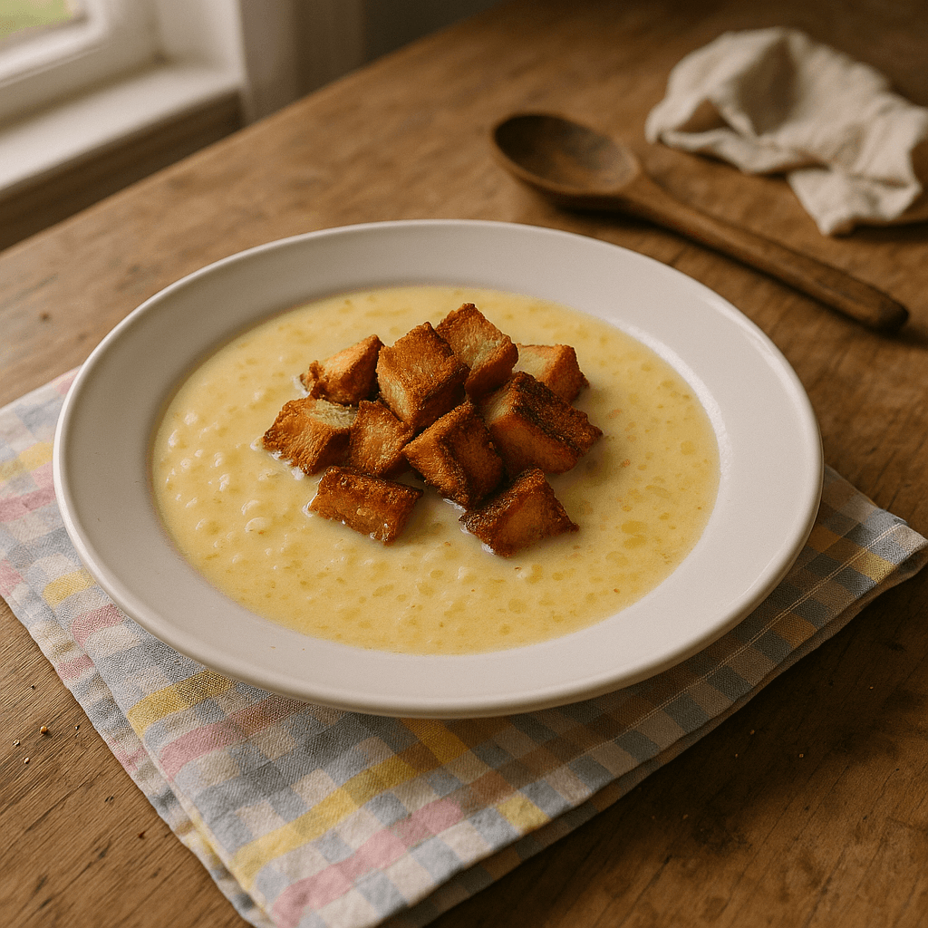 Ostesuppe med smørristede franskbrødstern