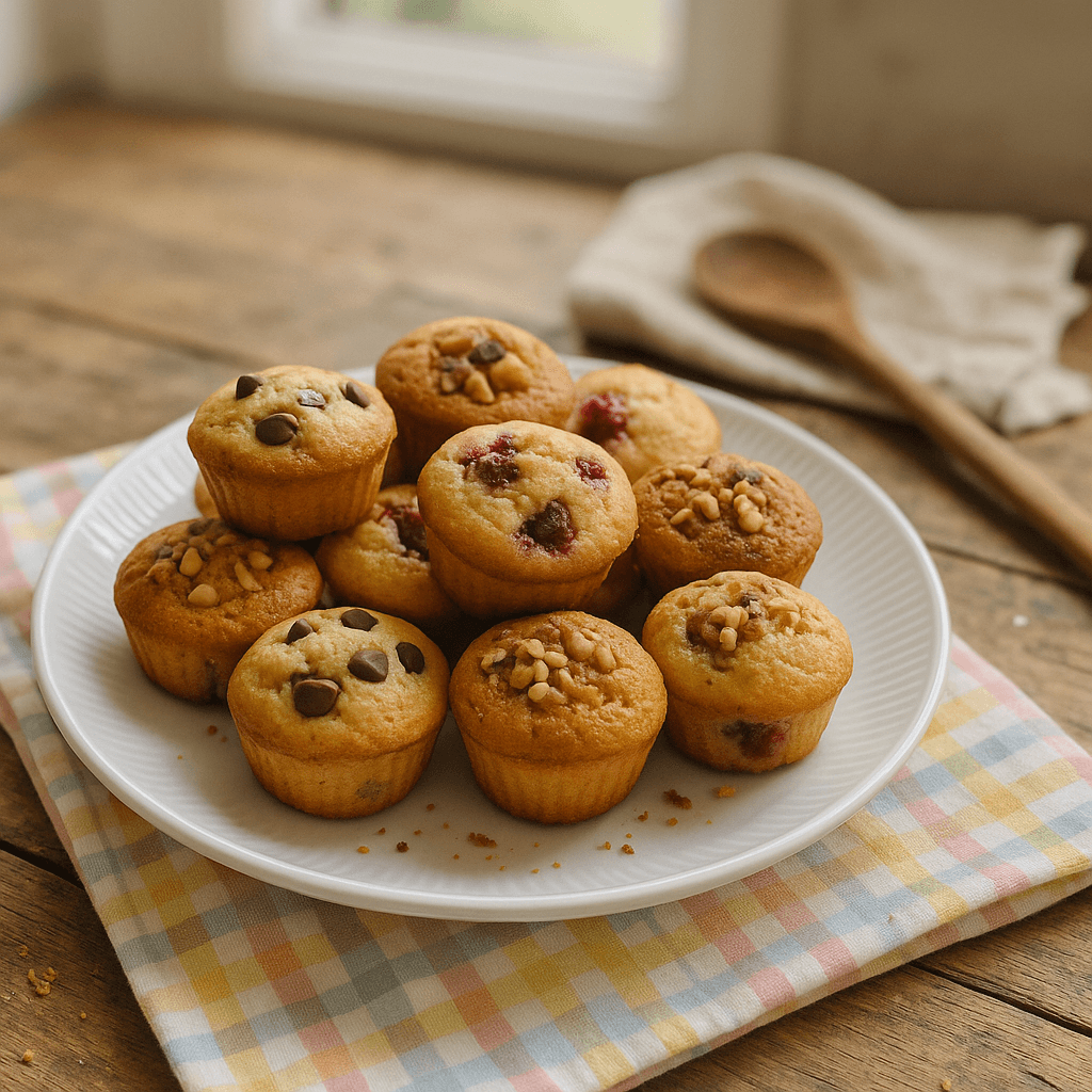 Mini-muffins med chokolade, nødder og frugt