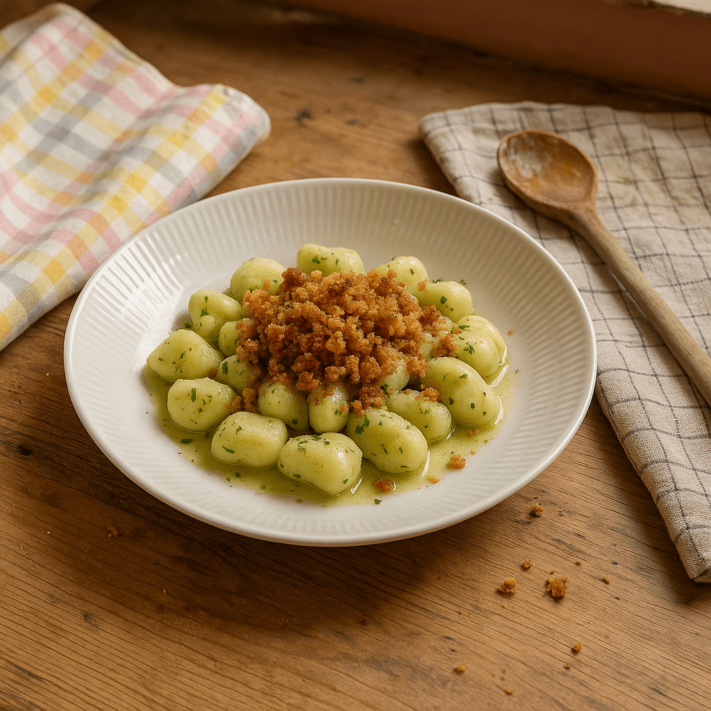 Lime-gnocchi med brødcrunch
