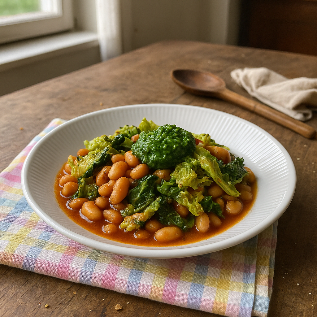 Bagte bønner med savoykål og persillepesto