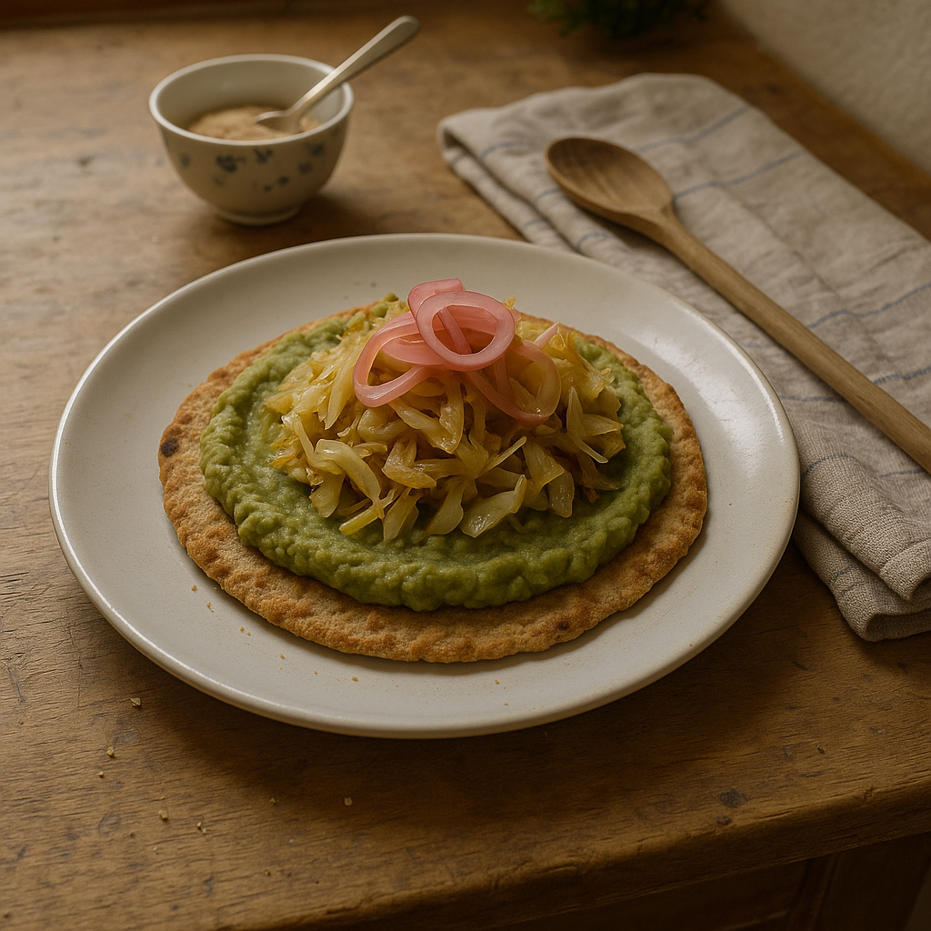 Mungbønne-ærtepuré med lynstegt spidskål og syltede forårsløg på quinoafladbrød