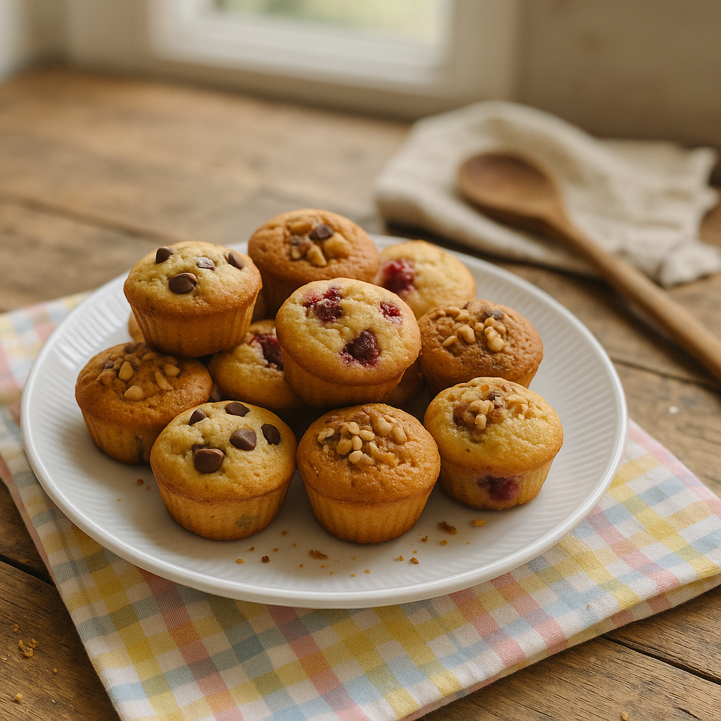 Mini-muffins med chokolade, nødder og frugt