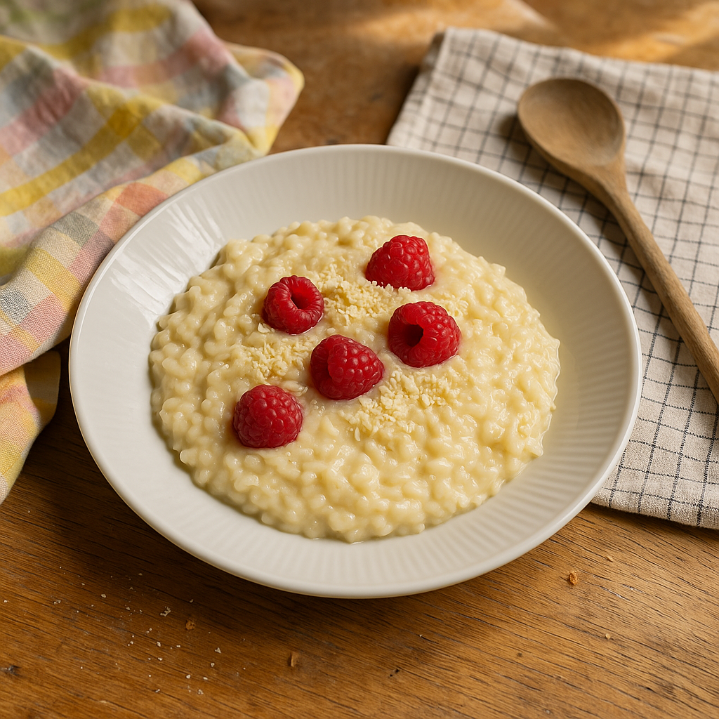 Hvid chokolade-risotto med hindbær