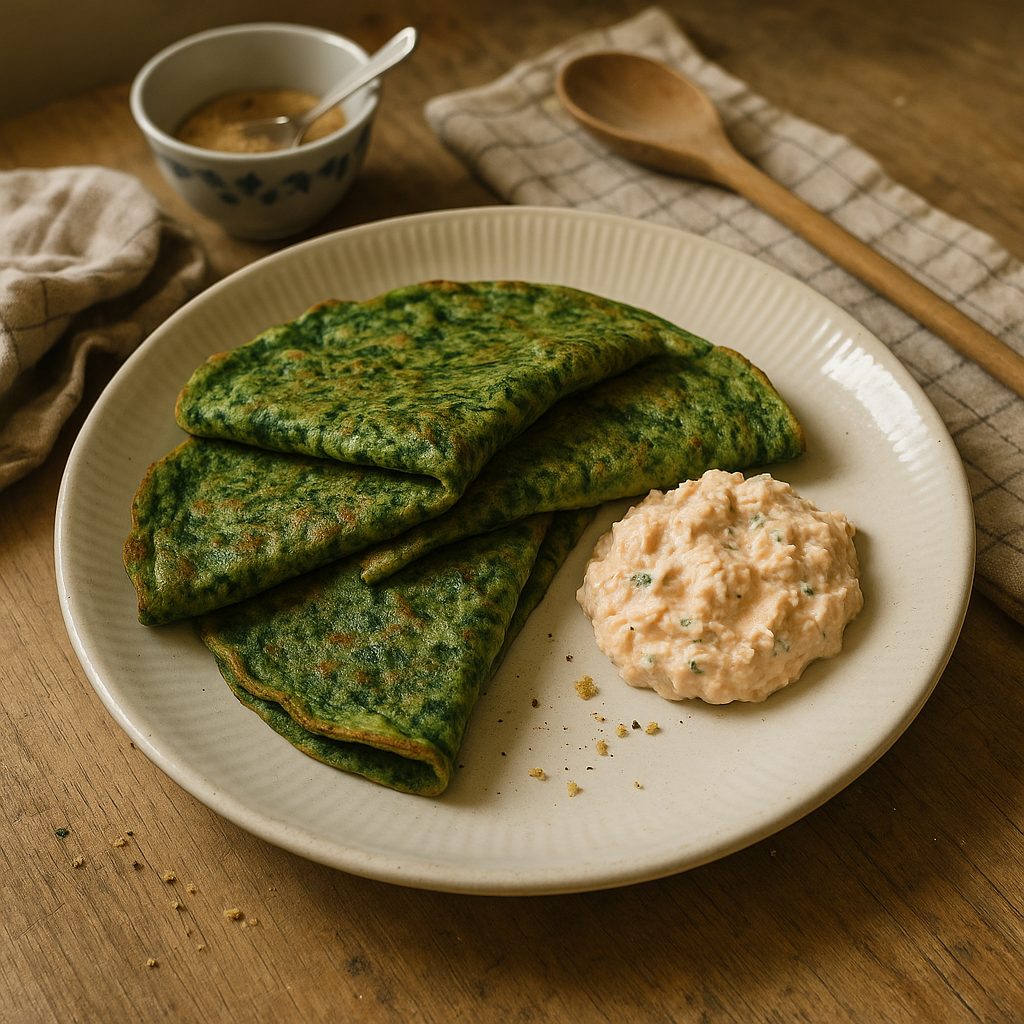 Spinatpandekager med laksedip