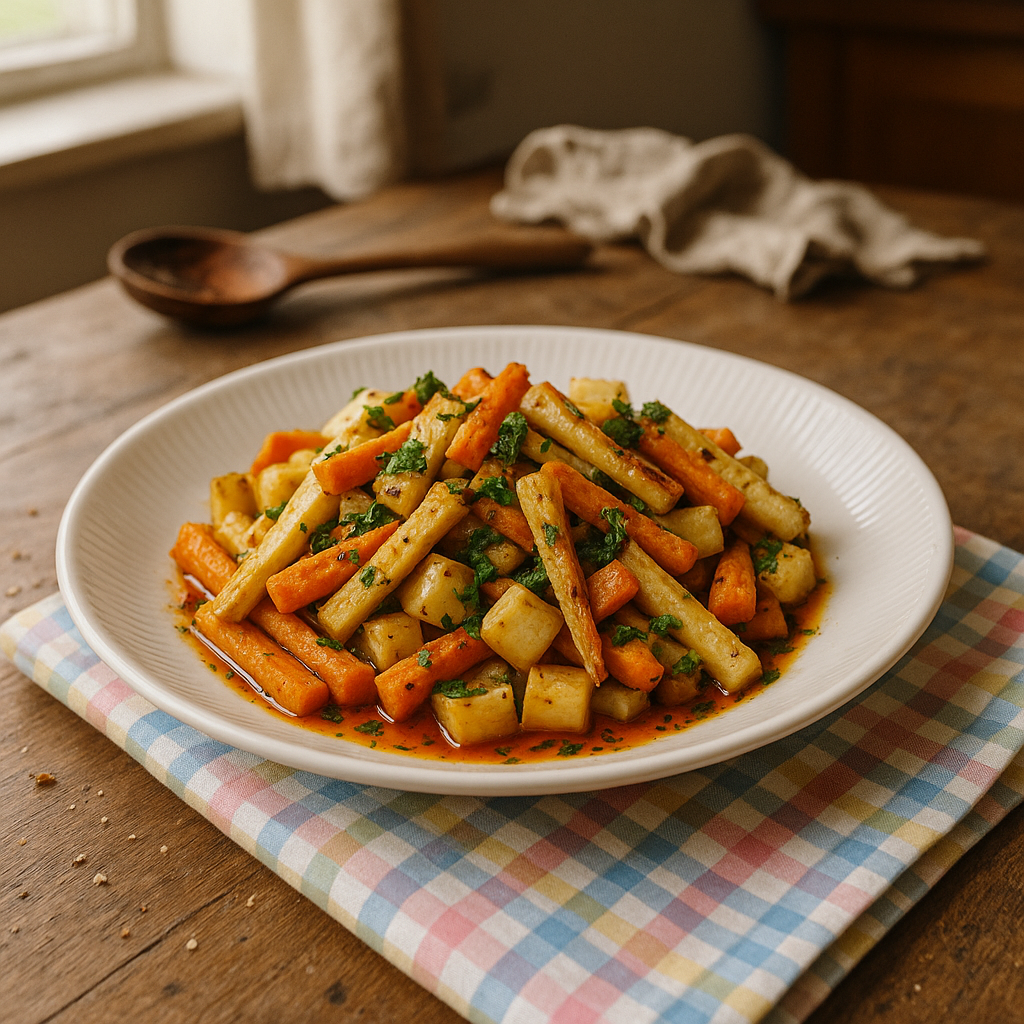 Urtebagte rodfrugter med chiliolie