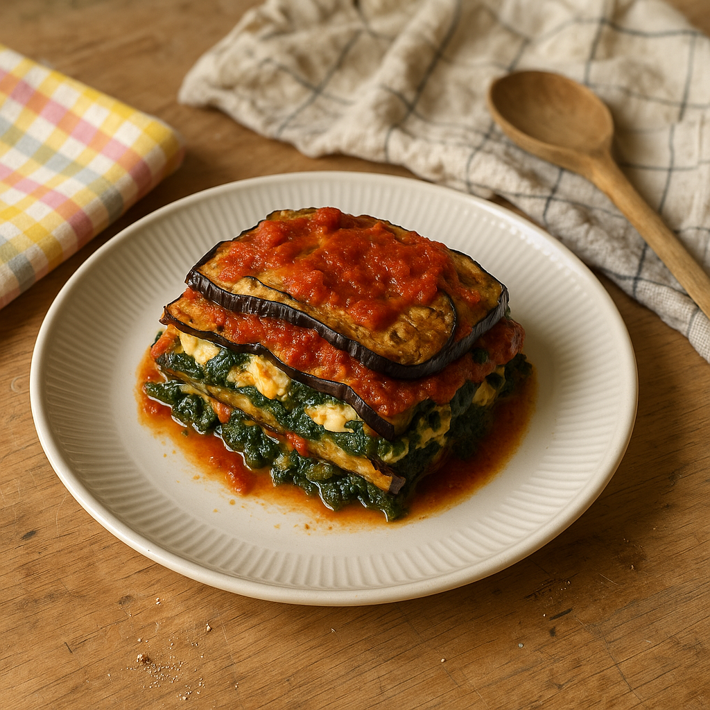 Aubergine-lasagne med spinatfyld