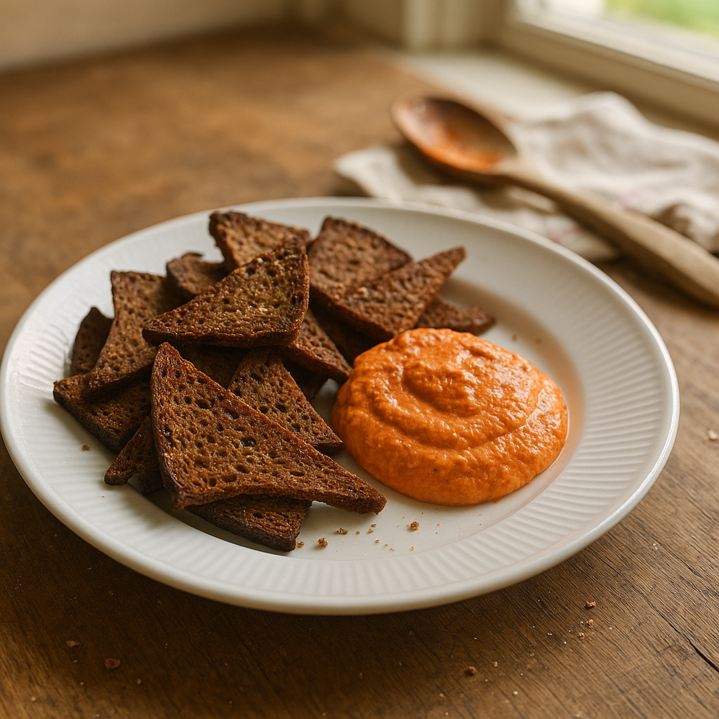 Brødchips med rød pebercreme