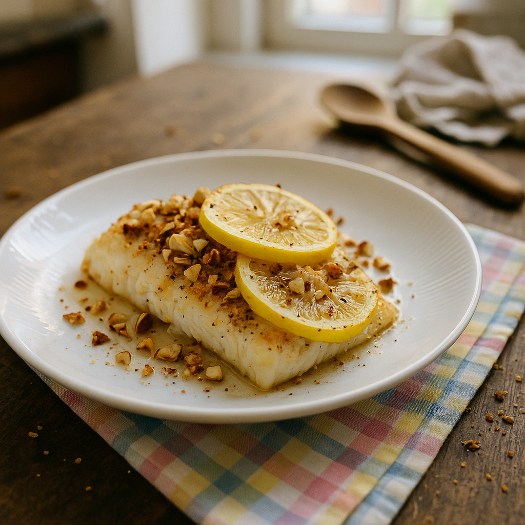 Ovnbagt torsk med citron og mandler