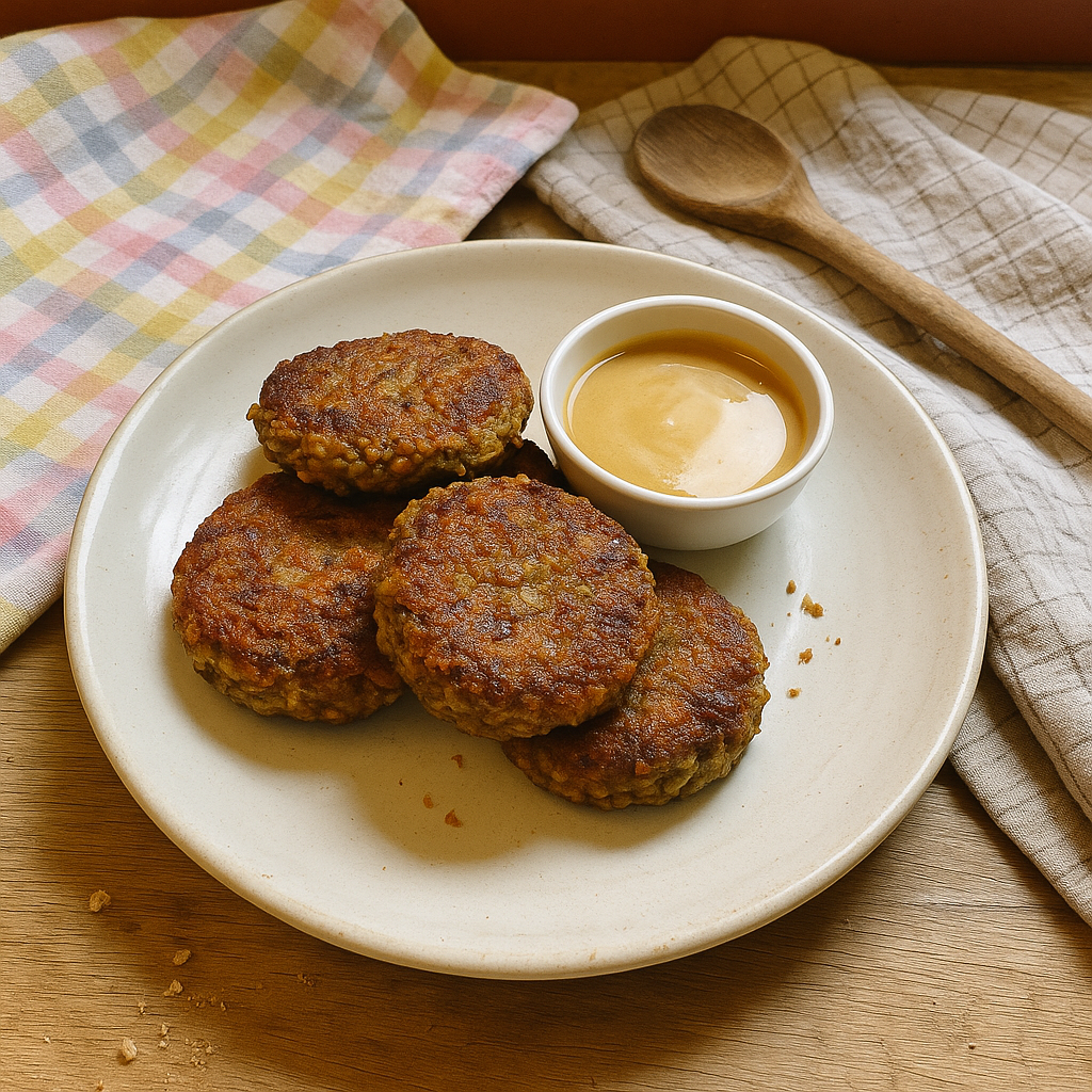 Jellingehøjens Linsefrikadeller i Honning-sennepsdyp